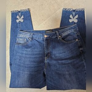 FRANK LYMAN DESIGN Stretch Sz 14 Denim Ankle Jeans Crystal Butterfly Bow EUC